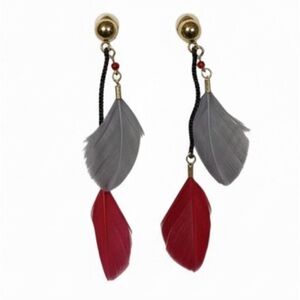 Boho Chic Double Feather Drop Earrings - Grey & Crimson